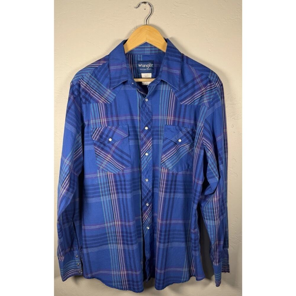 Mens Vintage Wrangler Size Large Purple And Blue Plaid Pearl Snap Western Shirt